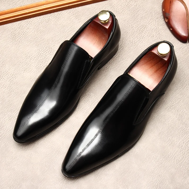 Luxury Italian Pointed Toe New Mens Dress Loafers Genuine Leather Brand Designer Elegant Slip on Black Wedding Social Shoes Man