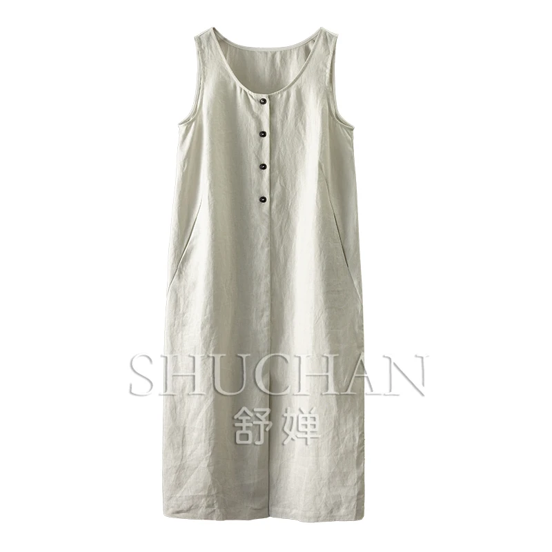 

High-quality 100 Linen Front Split Neck Tank Dress Women's 8W80 Vestidos De Fiesta Summer Long Dresses for Women