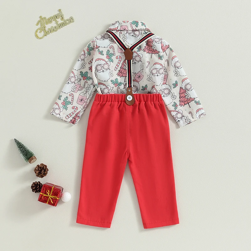 Baby Boys Gentlemen 2PCS Pants Sets Long Sleeve Santa Claus/Deer Print Shirt and Suspender Pants Christmas Sets 6-24Months