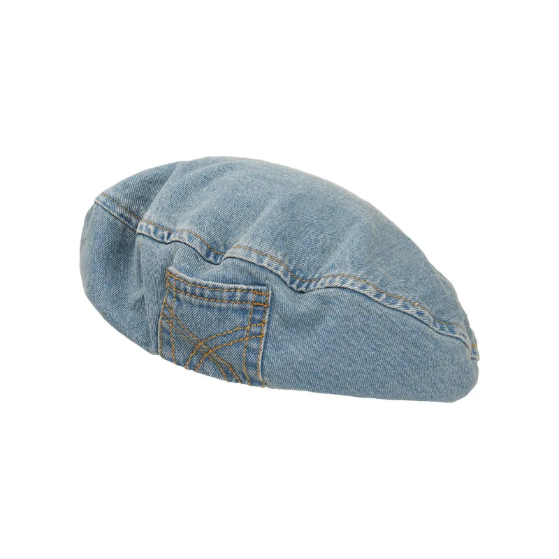 Women Washed Washed Demin Blue Beret Cap with Pocket Korean Japanese Style Retro Jean Ivy Irish Flat Painter Hats