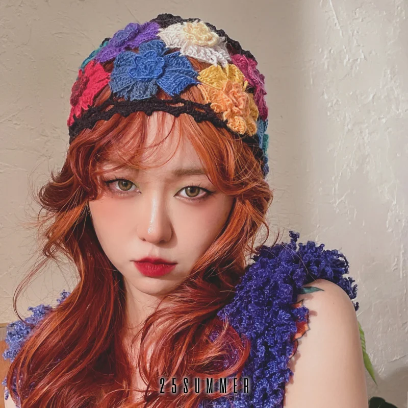 INS Spring Summer Literary Artistic Colorful Flowers Hollow Beanie Cap Female Sweet Fashion Knitting Mohair Cap Melo Bonnets