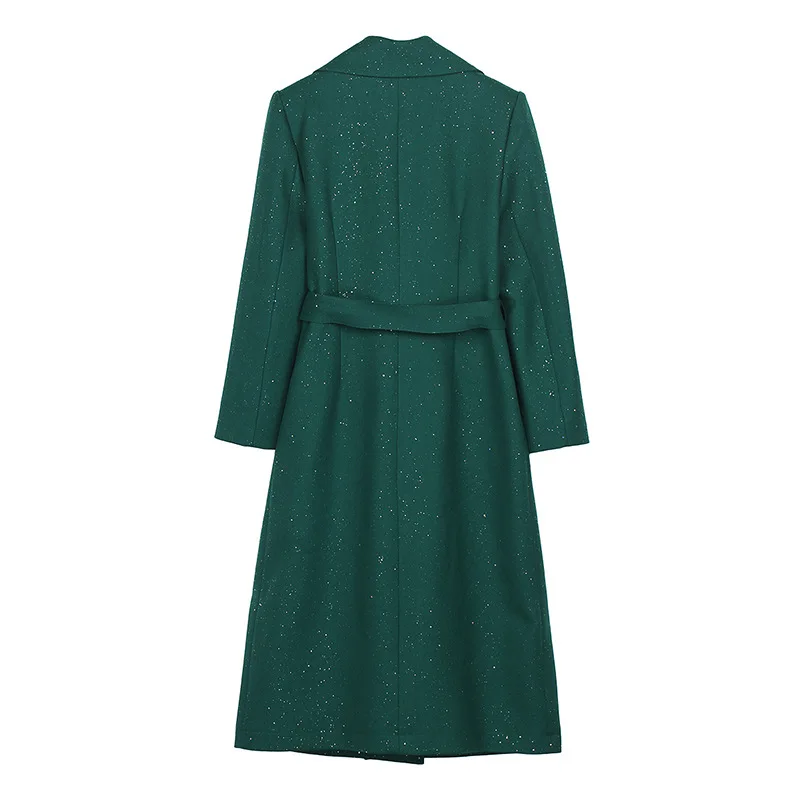 High Quality Hepburn Style Green Double-breasted Long Trench Coat Women French Suit Collar Tweed Elegant Vintage Sequined Coat