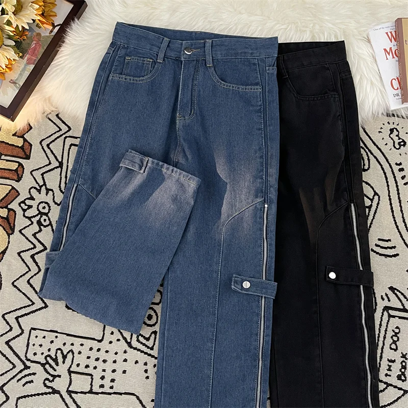 

American Sle Zipper Slit Jeans Men's High Street Vibe Loose Straight Functionali Workwear Long Trousers Casual Jeans