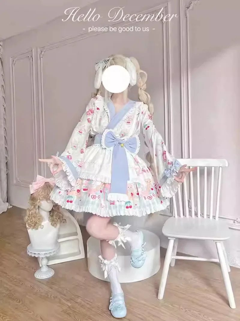 الحلو لطيف الكرتون الدب طباعة القوس فستان حفلة للأميرات مجموعة اليابانية Kawaii لوليتا كيمونو صغير تأثيري فستان خادمة للنساء #6