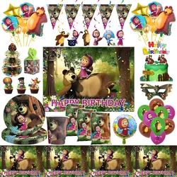 Masha And The Bear Theme Birthday Party Decorations Disposable Tableware Cups Plates Napkin Backdrop Balloons Kid Party Supplies