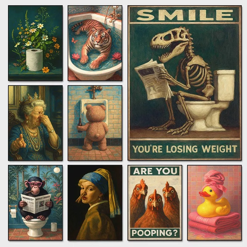 Vintage Pop Art Toilet Humor Poster Funny Bathroom Sign Rustic Farmhouse Decor Surreal Print Altered Canvas for Powder Room Wall