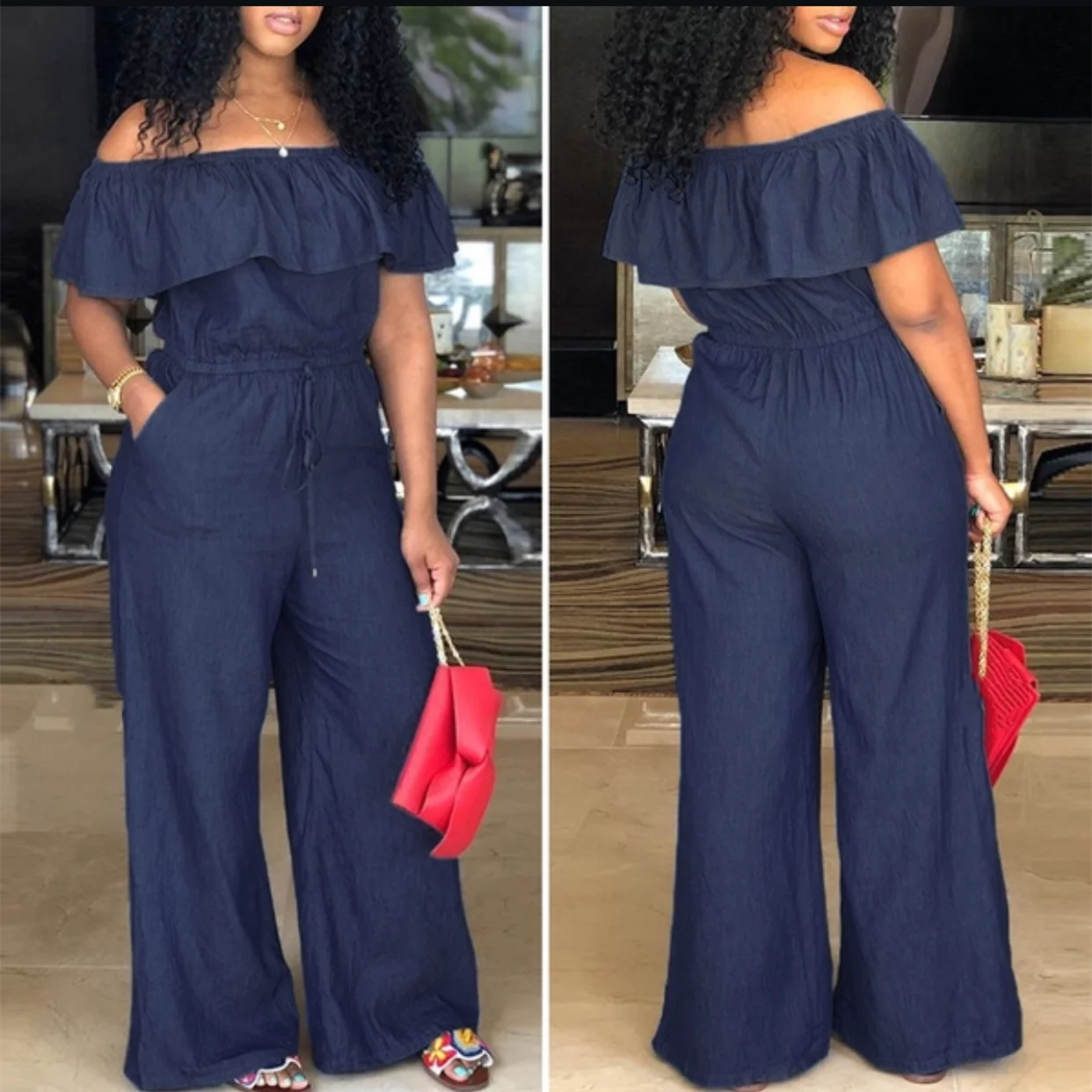 بذلة نسائية من قماش الدنيم BBW - رومبير مثير بدون حمالات مع نمط خريفي ساق واسعة