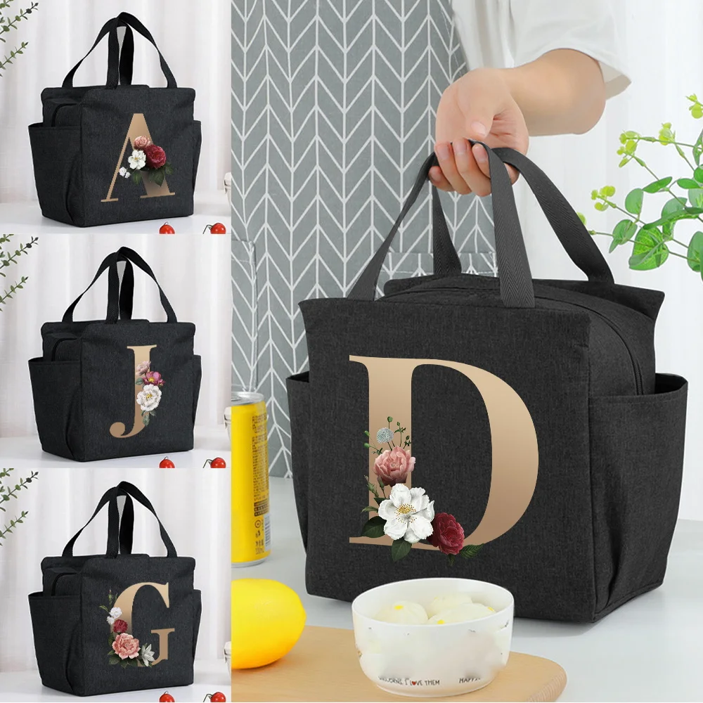 

Lunch Bag Insulation Cooler Bag Women Kid Lunch Box Gold Letter Printing Series Picnic Travel Portable Food Storage Leakproof