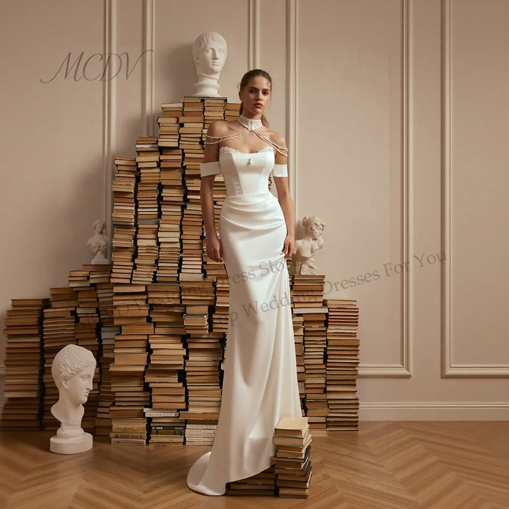 2026 Satin Mermaid Wedding Dress Strapless with Removable Lace Sleeves Pearl Neck Bridal Gown Vestido De Novia Customized