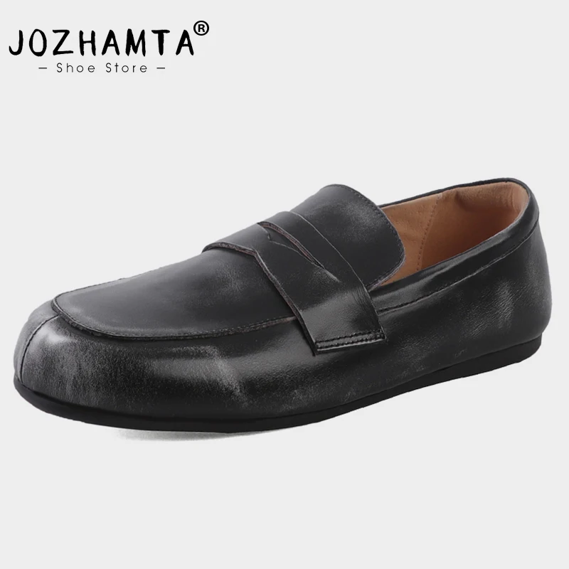 JOZHAMTA Women Casual Flats Loafers Shoes Real Leather Comfort Low Heels Shoes 2025 Ins Horsehair Office Daily Dress Size 34-40