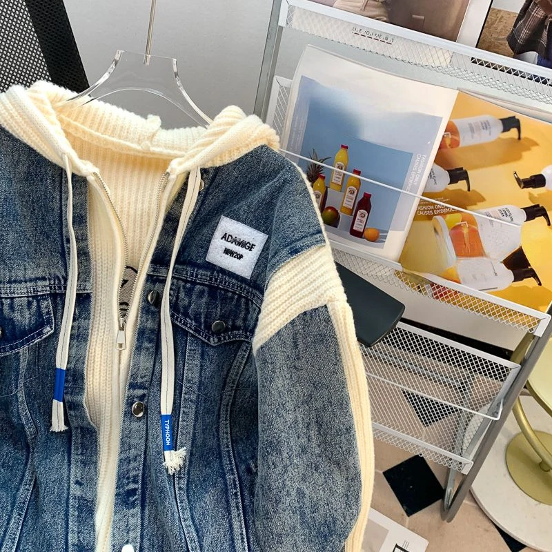 Japanese Vintage Y2k Jackets Hooded Knit Patchwork Fake Two Piece Zipper Oversized Denim Coat Autumn All Match Women's Clothing