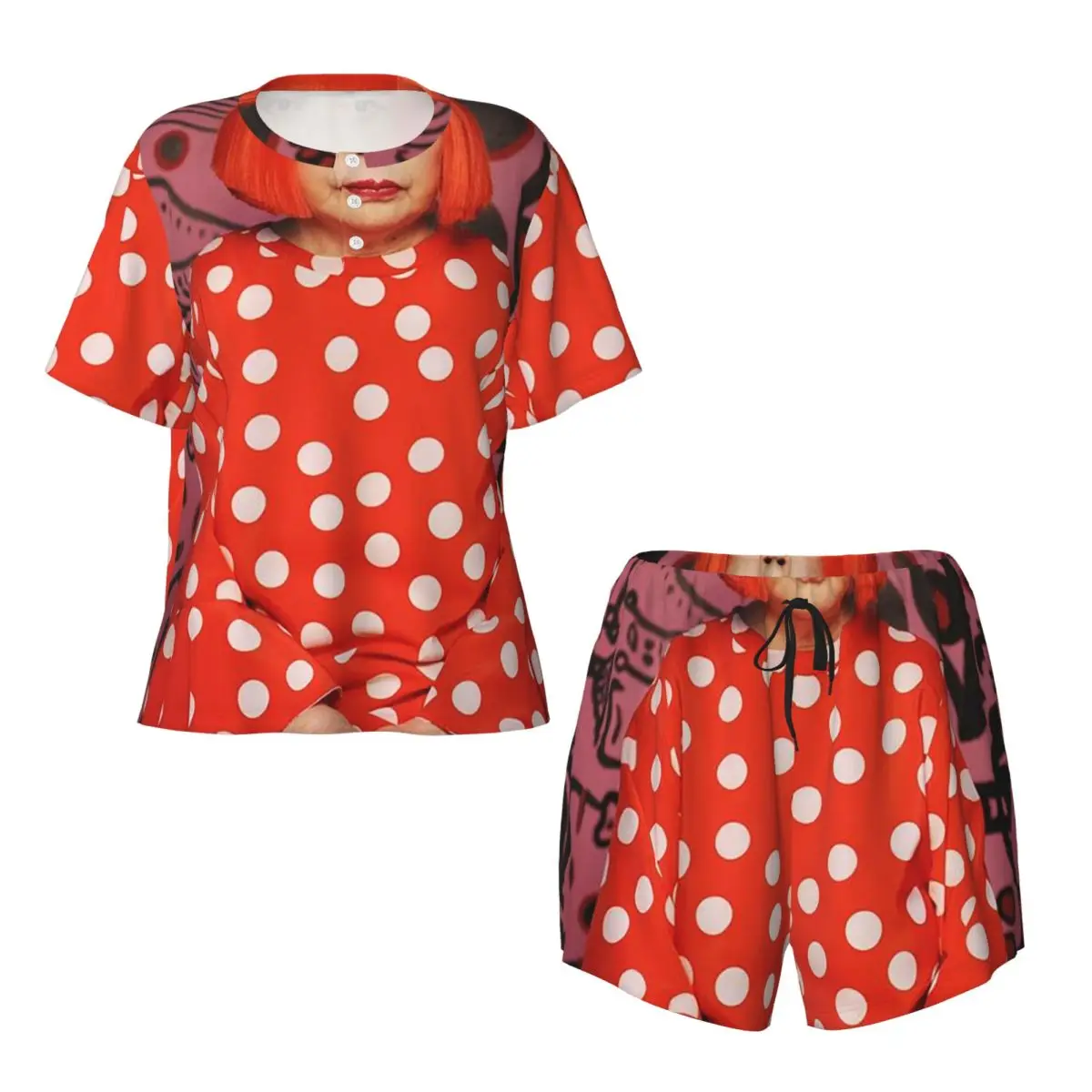 Yayoi Kusama Abstract Painting Round Neck Short Sleeve Nightgowns for Sleeping Sleepshirts Women Loose Pajama Set Short Pants
