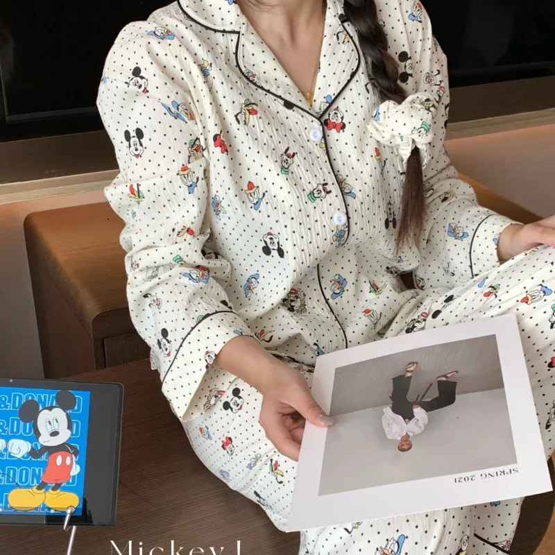 Disney Mickey autumn new three-piece polka dot cute cartoon comfortable breathable pajamas set with hair band loungewear