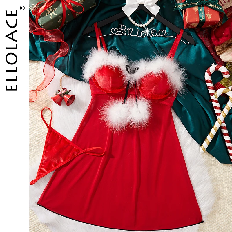 

Ellolace Christmas Womens Dresses Premium Velvet Dress Thong 2PC Set Beautiful Cute Fluffy Balls Romantic Santa Woman Clothes