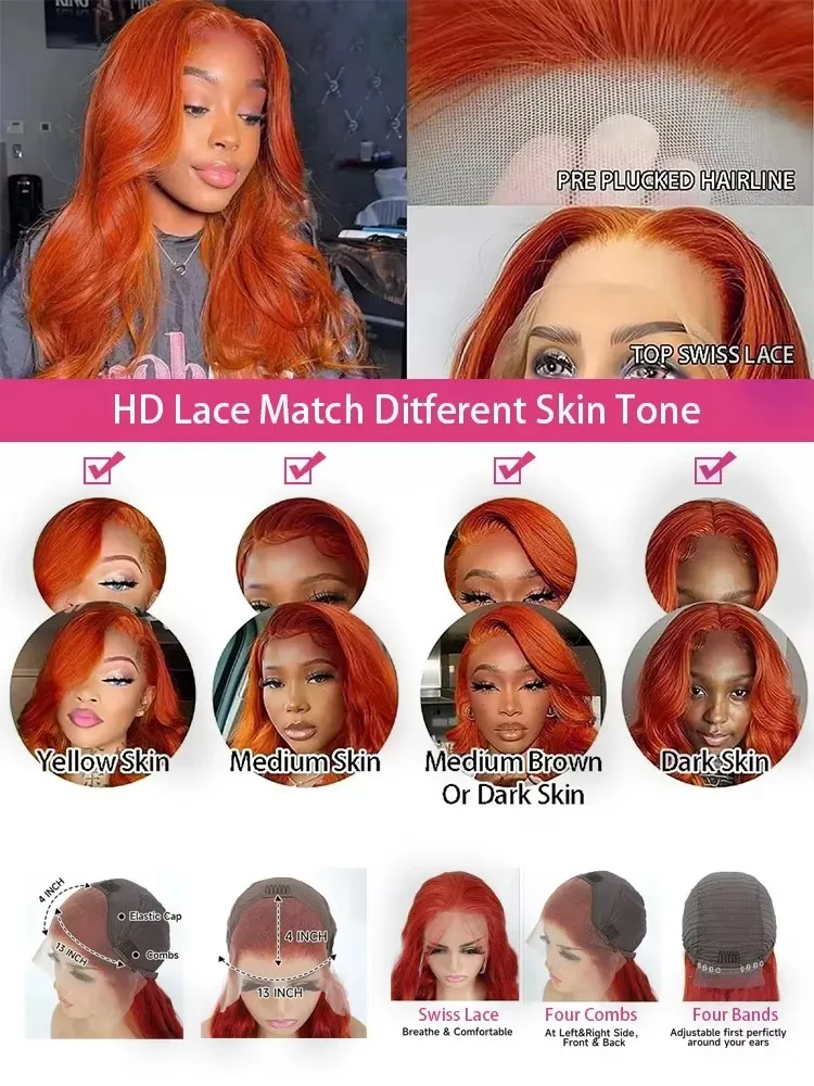 30 Inch Orange Ginger 13x4 Lace Front Wigs Human Hair Brazilian Ginger Body Wave 13x6 HD Lace Frontal Wig For Women 250 Density