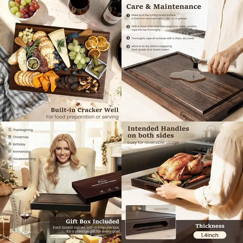 

16.5x11.8 Inch Heavy-Duty Walnut Wood Cutting Board with Handle and Built-In Juice Groove & Well