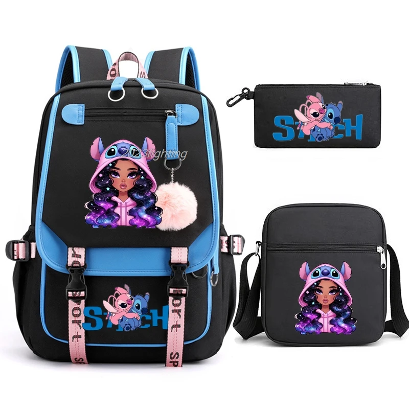 Loli Stitch Backpacks USB 3PCS Large Shoulder Bag Travel Backpack Patchwork Laptop Student School Bags Bagpack Mochila