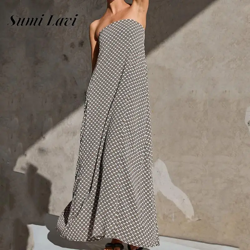 

Sexy Sleeveless Backless Holiday Party Dress Summer Elegant Strapless Pattern Printed Long Dress Women Casaul Loose Beach Dress