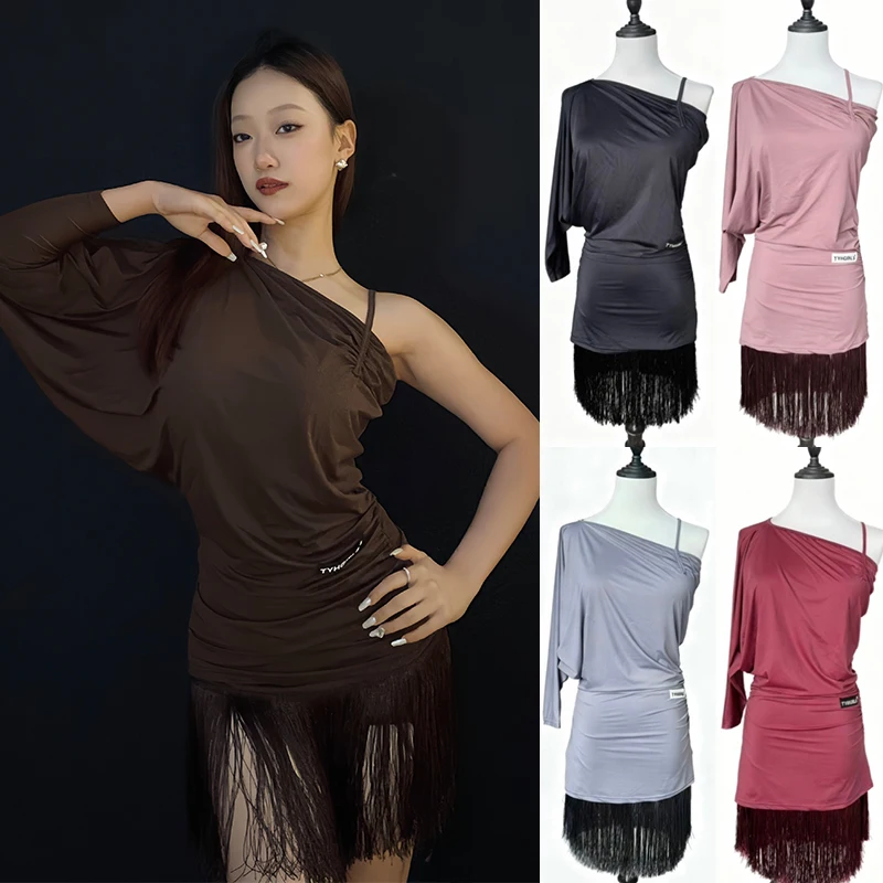 

New Women Latin Dance Fringe Dress One-Shoulder Tops Skirt Set Adult Cha Cha Samba Rumba Training Clothes Black Red Gray VDL4678