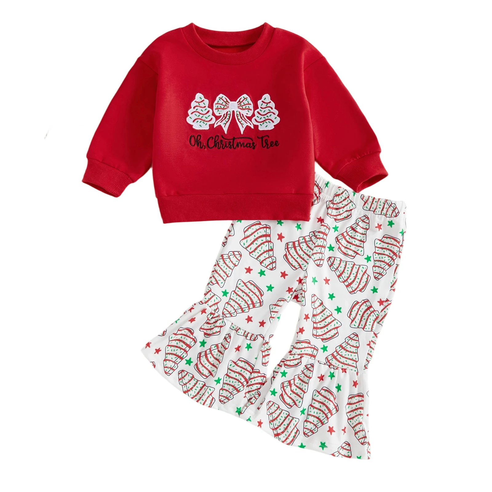 

Toddler Little Girl Christmas Outfit Bow Tree Applique Crewneck Sweatshirt and Flare Pants 2 Piece Winter Fall Set