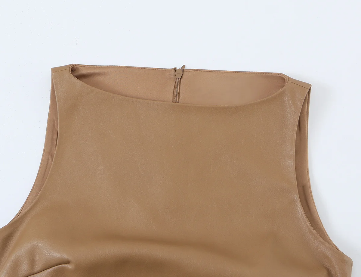 TFMLN Damen Ärmelloses PU-Minikleid Einfarbig Figurbetont Rückenreißverschluss Party Leder Streetwear Neues Elegantes Modekleid für Frauen – Detail 4