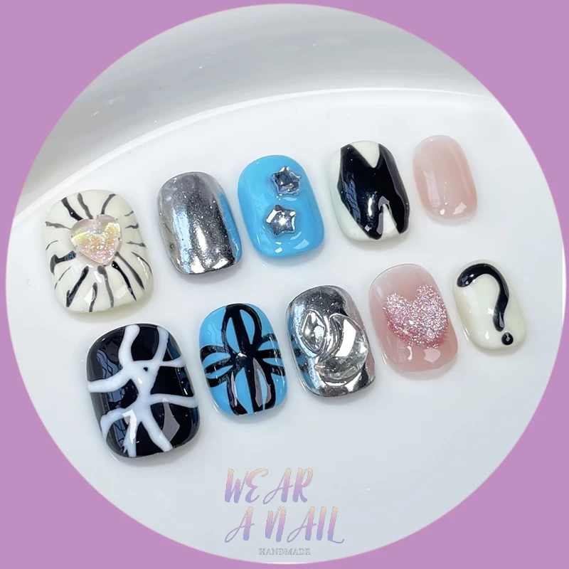 Unhas Postiças Adesivas Artesanais, Amêndoa Bonito, Pressione Unhas Azuis, 3D Jelly Shell Design, Pintado à Mão, Trendy Y2K, 10Pcs