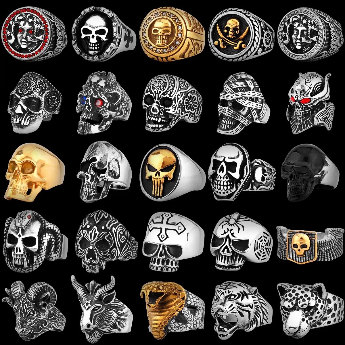 Gothic Punk Satanic Devil Skull Animal Ring Vintage Steampunk Men\'s Stainless Steel Viking Ring Hiphop Motorcycle Biker Jewelry