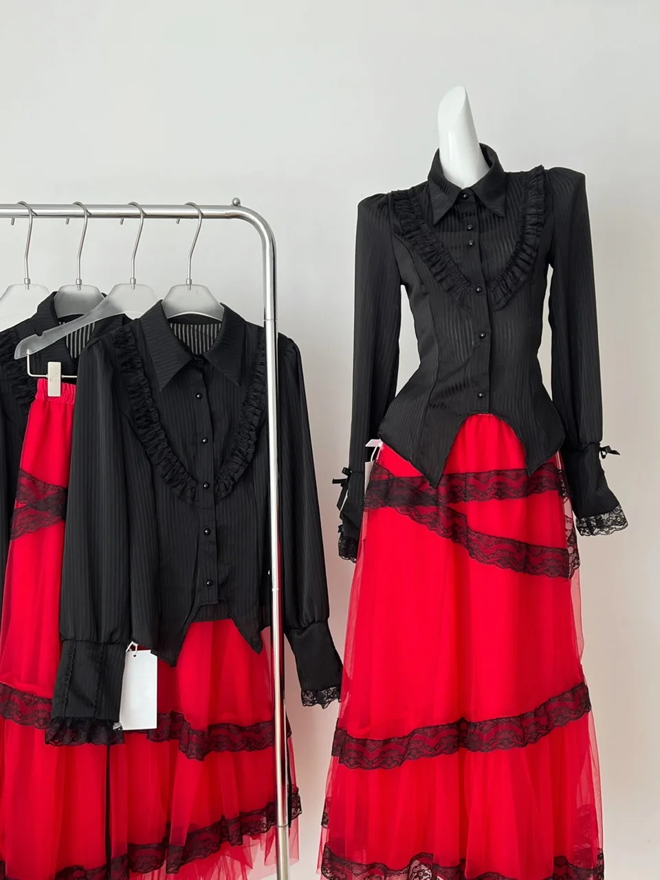 شبح فتاة القوطية Sle طويل Sve irt Bla loween زي المرأة Faion مجموعة خمر Sle الكبار الملابس الشتوية