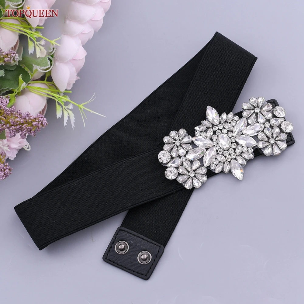 TOPQUEEN S325-D Female Elastic Belt Fashion Rhinestone Party Dress Gown Clothing Accessories Women Black Wide Waistbands Sparkly