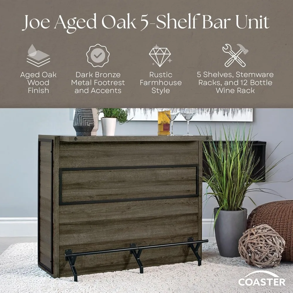 Rustic Farmhouse Style 5-Shelf Home Bar Cabinet for Wine and Liquor Storage in Aged Oak Finish