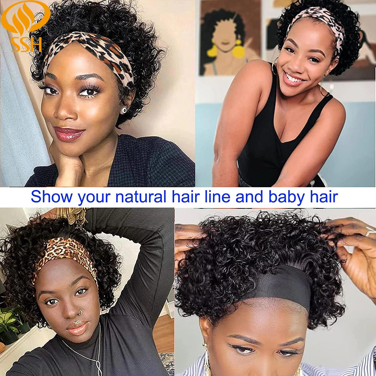 SSH short Curly Scarf Headband Wigs Afro Kinky Curly Hair Wig Turban Wrap Wig Brazilian Remy Human Hair Wigs for Black Women