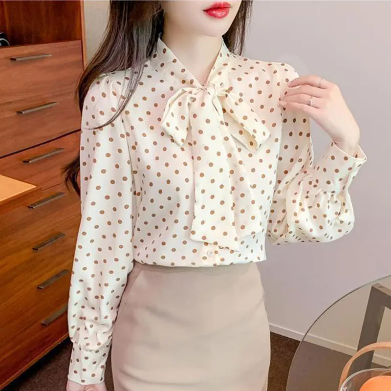 Women\'s Polka Dot Ribbon Shirt, Long Sleeve Tops, Korean Casual, All-Match, Loose, Simplicity, Spring, New Style Fashion