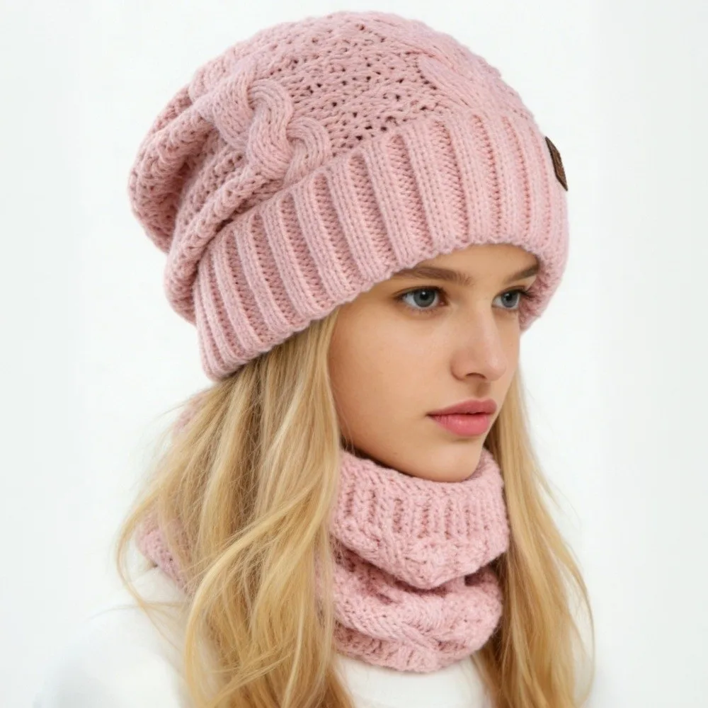 Juego de 2 Piezas de Gorro y Bufanda Tejidos a Prueba de Viento, Gorro Grueso con Protección para las Orejas, para Mantener el Calor al Ciclismo y Esquiar, Gorro para Mujer