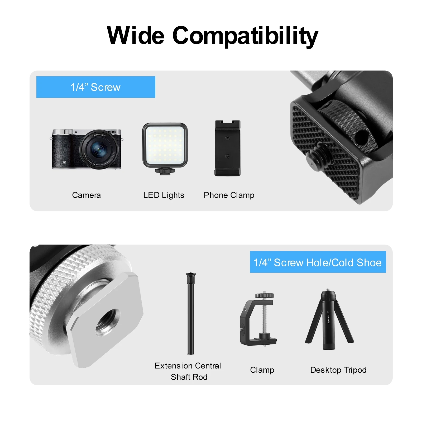 PULUZ Mini 180 درجة سوينغ كرة ثلاثية الرأس الحذاء البارد محول تركيب مع 1/4 المسمار للشاشة/مسجل الفيديو/الكاميرا/الهاتف