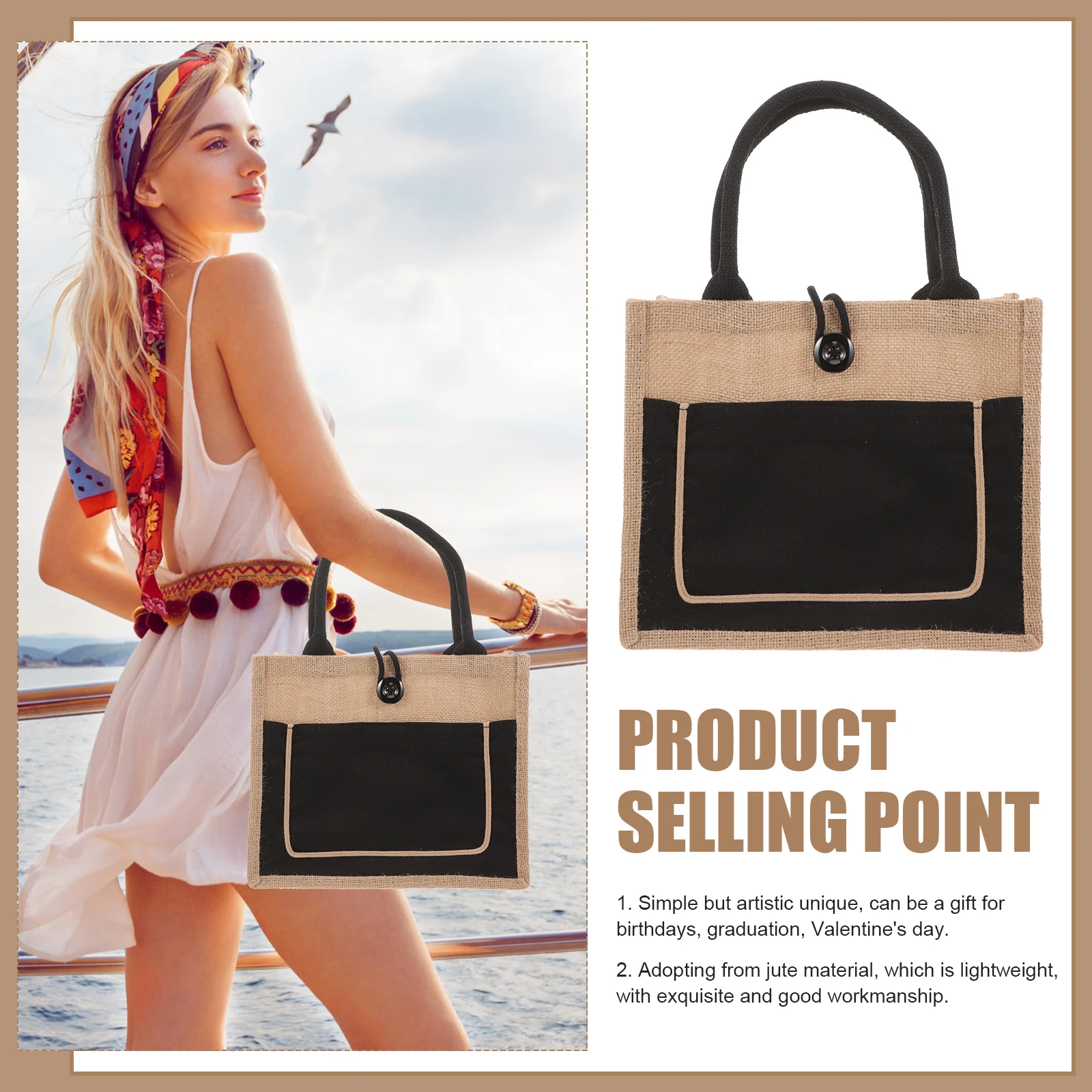 

Large Button Tote Bag Waterproof with Handles Reusable Grocery Shopping Jute Tote Bag Jute Handbag Shopping Handbag
