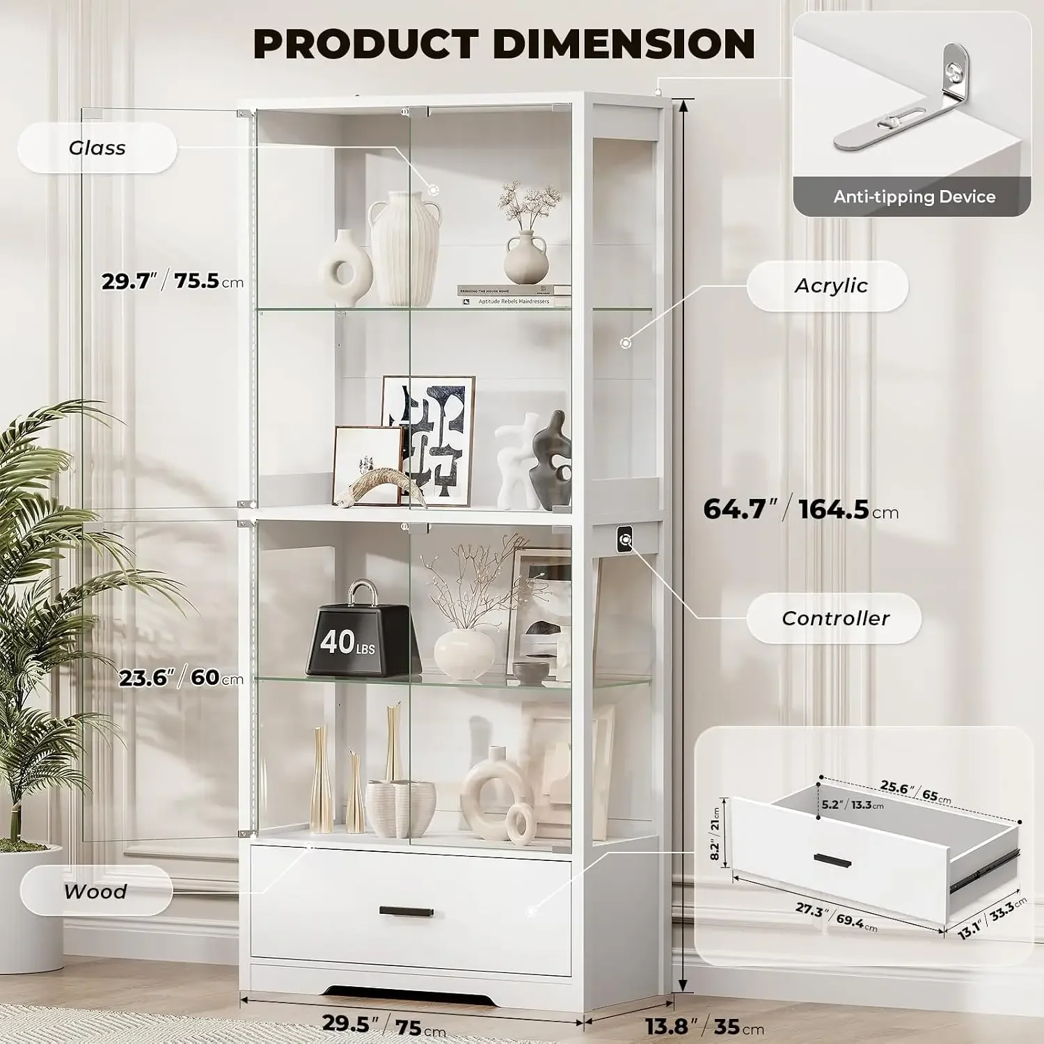 4-Tier Display Cabinet with Glass Doors and Drawer for Collectibles | Glass Display Case with 3-Color Lights & Human Body