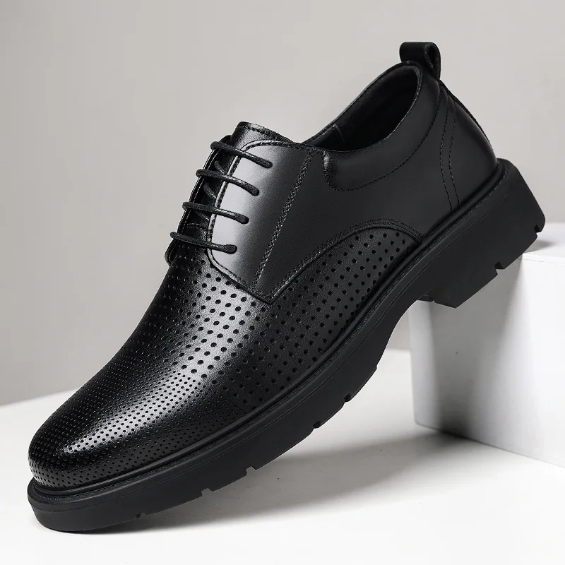 

Summer Hallow Breathable Platform Leather Shoes Men Fashion Casual Lace Dress Shoes Male Solid Color Korean Wedding Shoe Man