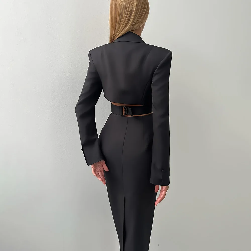 Office Lady Hollowed Out Suit Dress Women 2025 Autumn Winter Single Breasted Long Sleeve Bodycon Slim Maxi Dresses Elegant