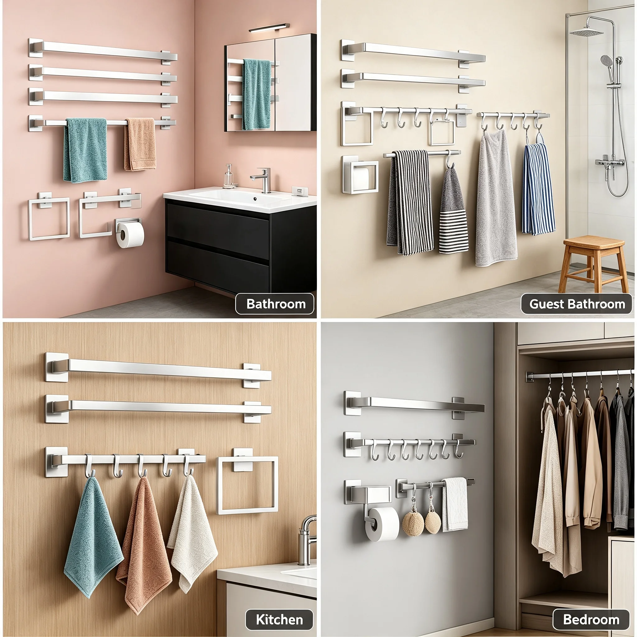 20-Piece Bathroom Towel Bar Set, Stainless Steel Wall Mounted Towel Ring & Hook Set for Bathroom, Silver