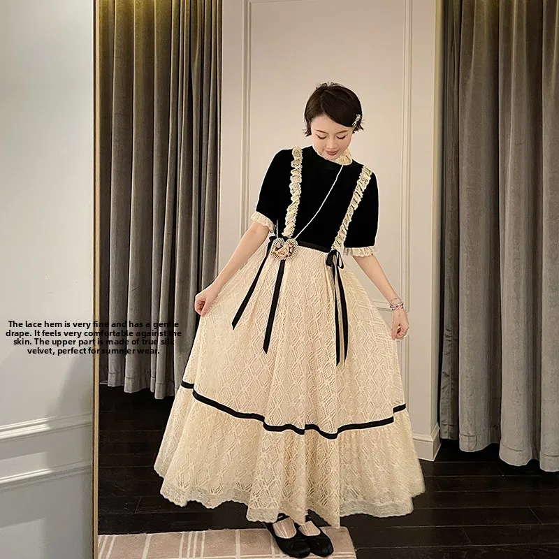 

Платье VIMAS Antique Premium 92 Silk Vintage Castle Girl из бархата и кружева в корейском стиле, с завышенной талией, коротким рукавом и круглым вырезом, повседневное