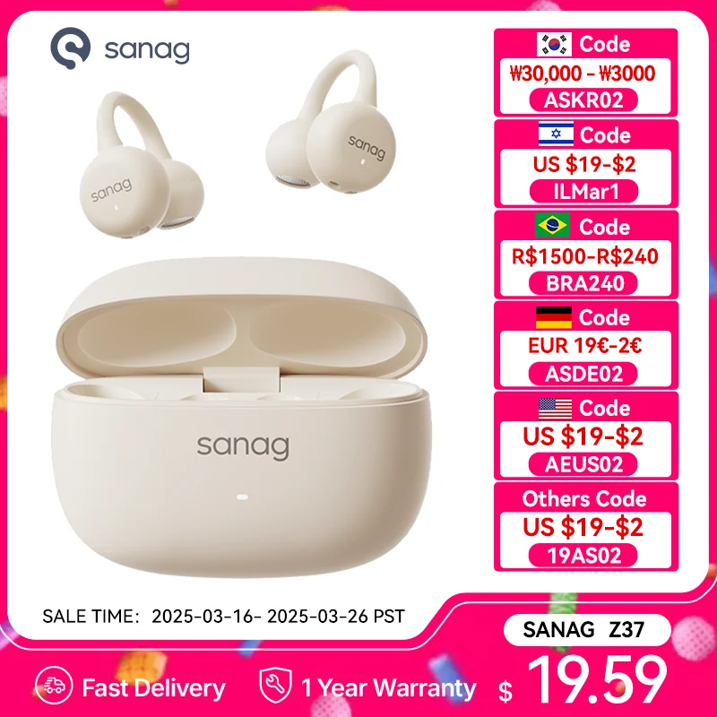 Sanag Z37 Ear Clip Earphones Bluetooth 5.4 Air Conduction Open Ear Earbud Wireless Bluetooth Headphones 3.3g IPX4 40H Playback