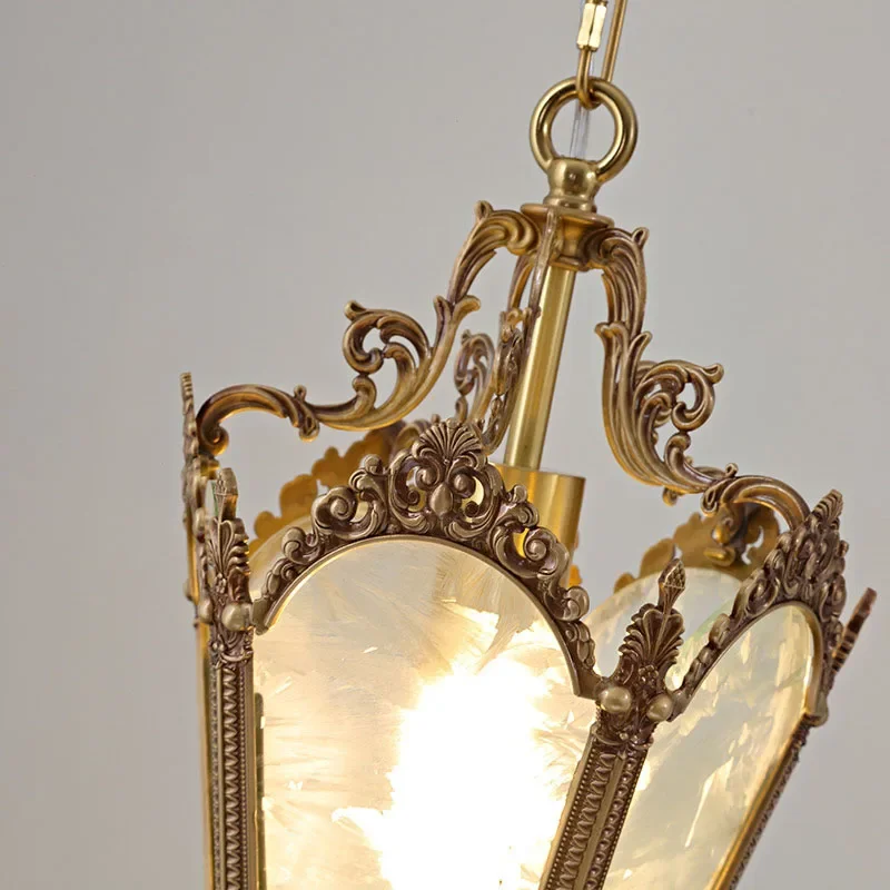 

French-Style Retro Copper Ice Flower Glass Small Chandelier Bedside Balcony Porch Pendant Lighting Cloakroom Hanging Lamp
