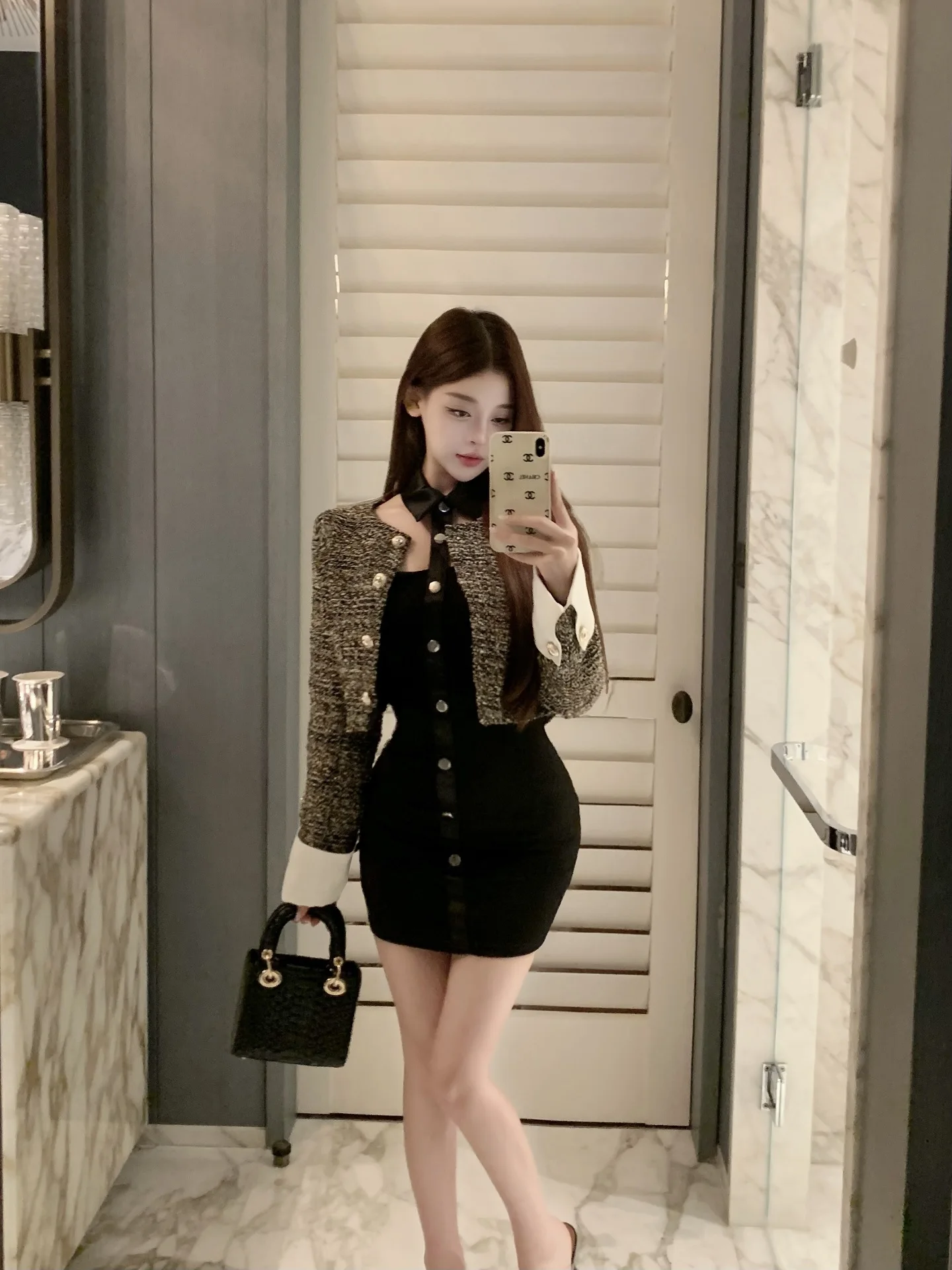 ルナ020新作ラグジュアリースタイルカラーブロックショートコート レディース エレガント シャンフォン アウターウェア ボタン留め 長袖 ラウンドネック