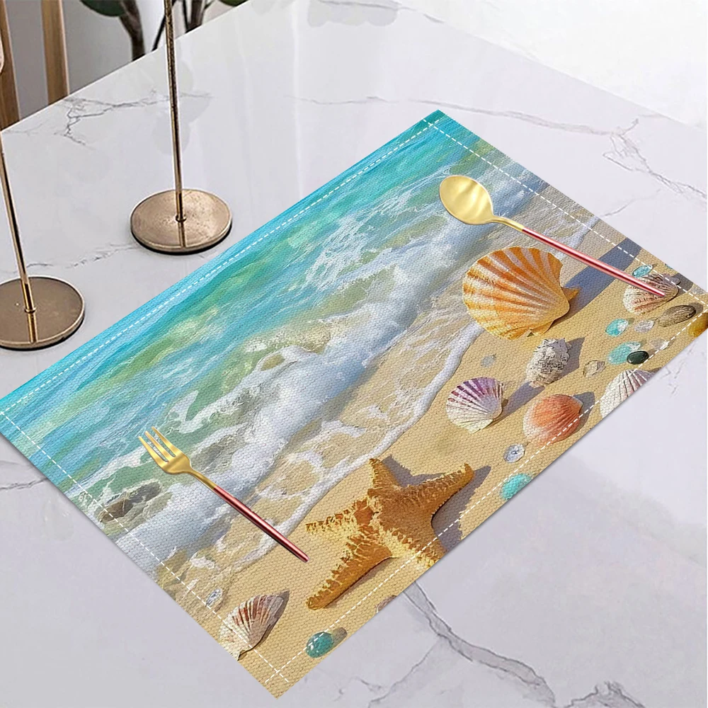 

Льняные подставки для столовых приборов Ocean Beach, коврики для стола, теплоизоляционные, устойчивые к пятнам салфетки для украшения домашнего обеденного стола