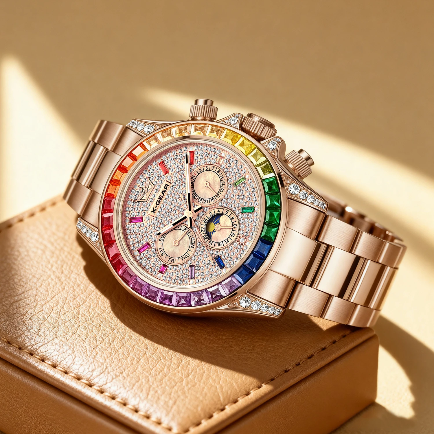 Relógio masculino X-GEAR mecânico automático com mostrador de diamante fase da lua luminosa resistente à água (presente)