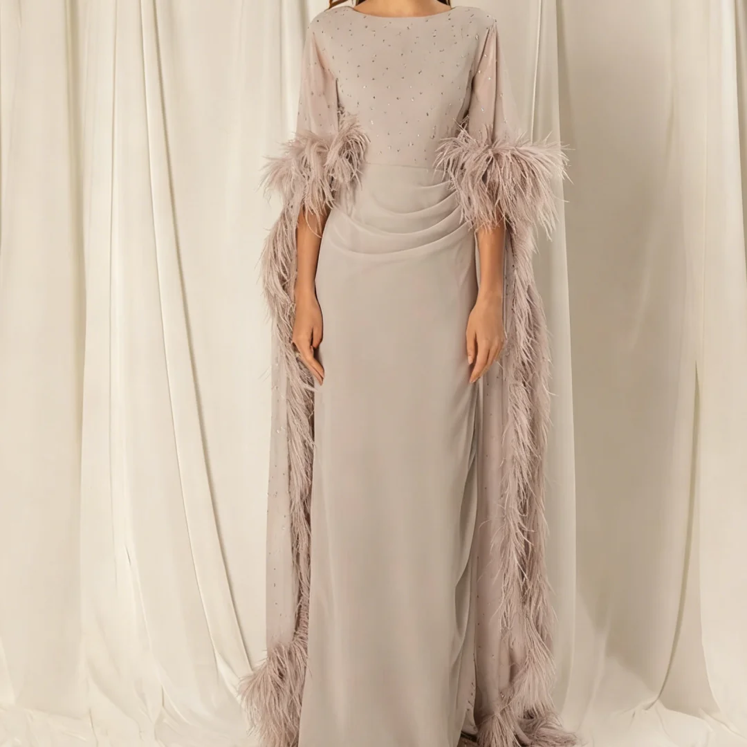 

Soft Chiffon Evening Dress Elegant Half Sleeves Feathers Homecoming Dresses Special Occasion Gowns Customized