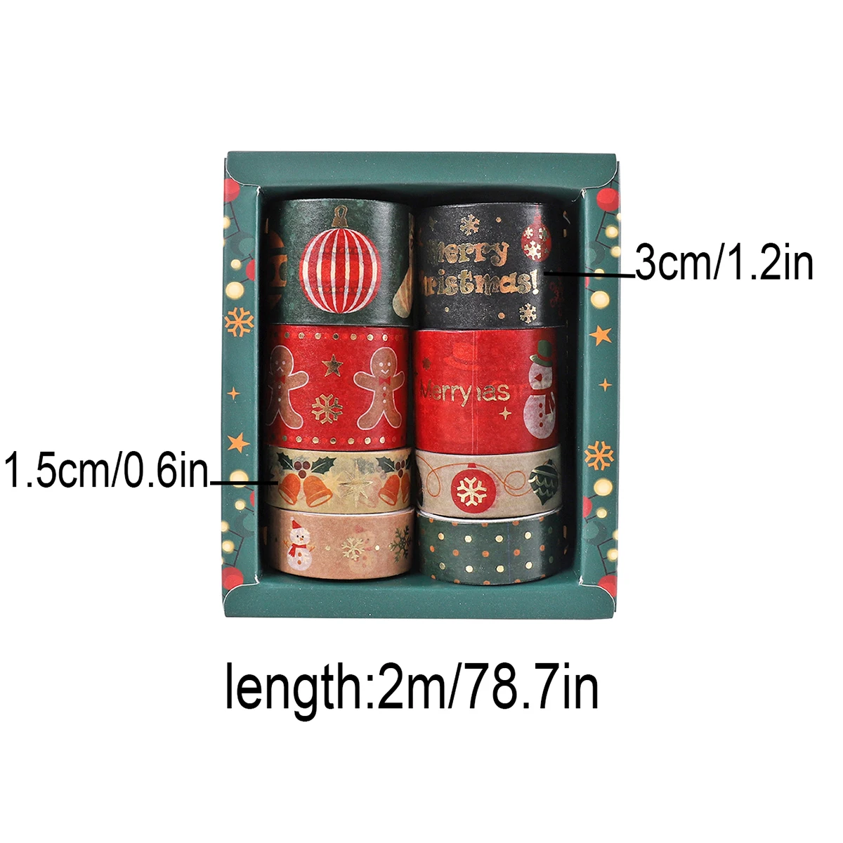 8 لفات/صندوق من شريط واشي منقوش لعيد الميلاد، مناسب لمواد تزيين حدود الألبوم بنفسك، مع عملية الختم الساخن.