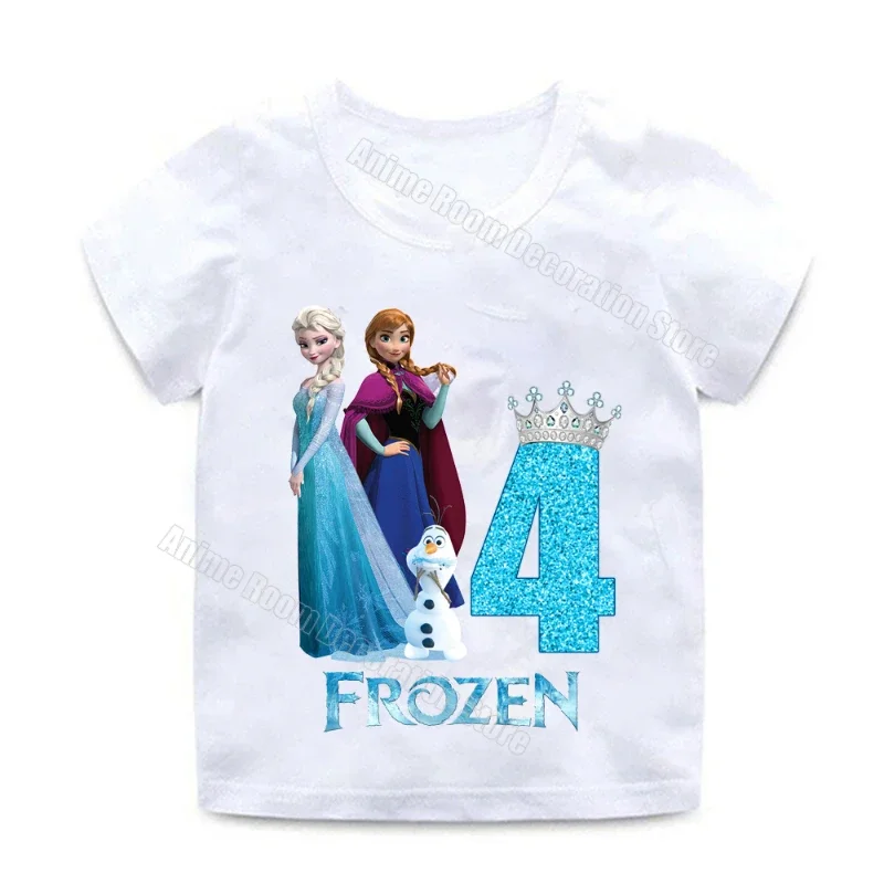 T-shirt Disney Frozen Princess per ragazza Compleanno Numero Tee Anna Elsa Cartoon Top in cotone Baby Shower Bomboniere Abiti estivi Regalo