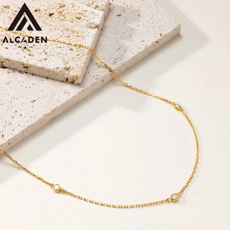 Dainty Luxury 925 Sterling Silver Necklace Women Golden Color Round CZ Crystal Charm Collar Bijoux Acier Inoxidable Femme