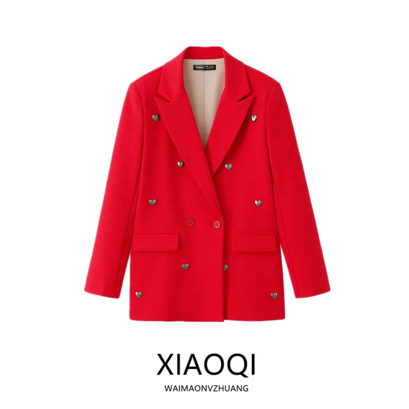 

Spring 2026 Women's Loose Commuter Heart-Shaped Decorative Suit Jacket Fashionable All-Match Long Sleeve Double-Breasted Coat